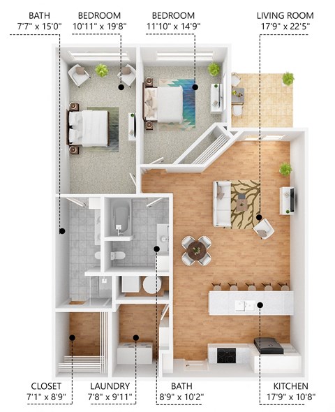 Floor plan for 2 beds, 2 baths, 1171 sqft